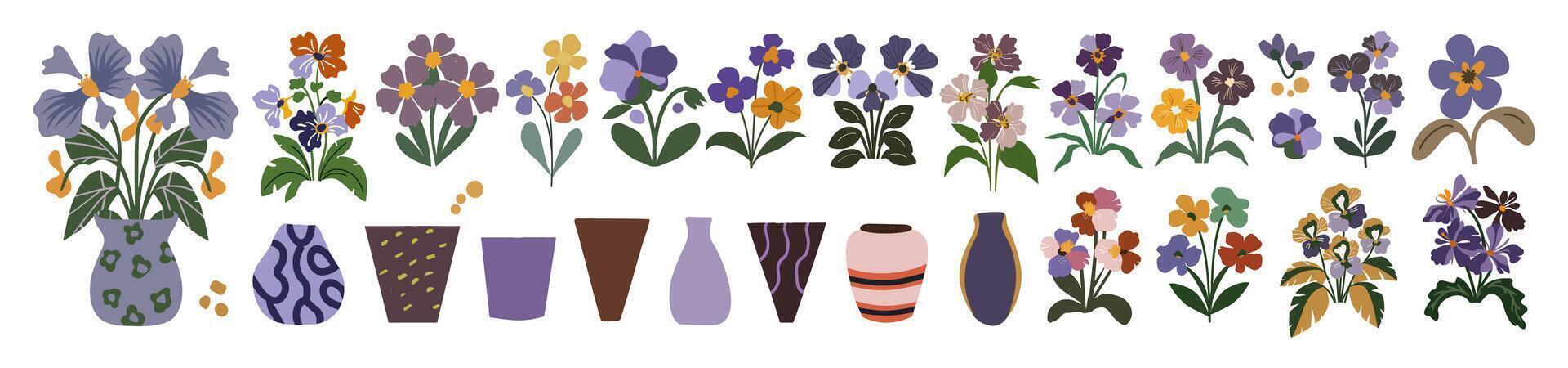 Viola violet and pansy flowers and vases set. vector