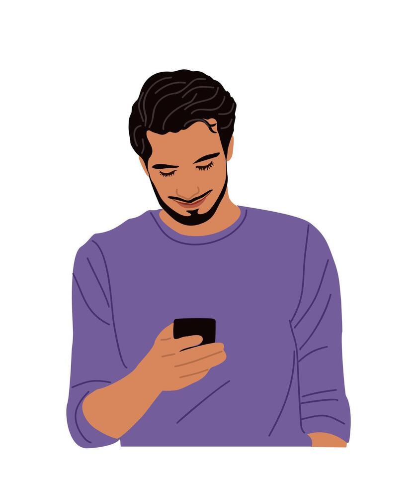 Handsome man holding mobile phone isolated. vector