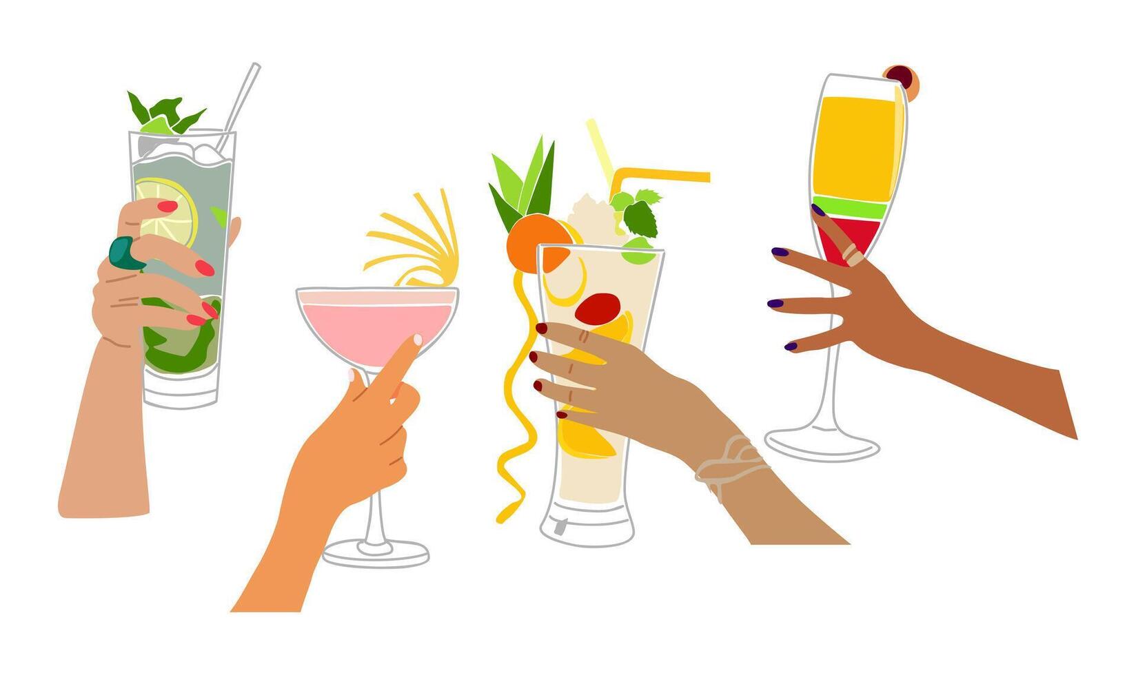 Set of Different hands holding cocktails . vector