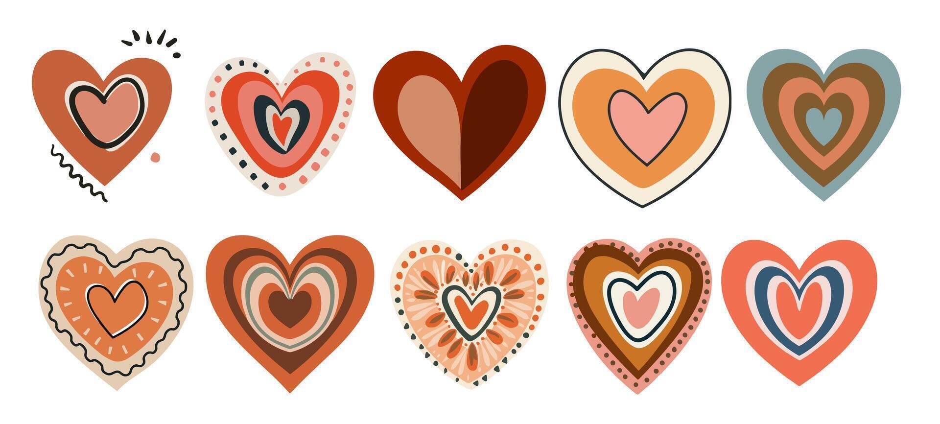 Colorful boho hearts colorful set isolated. vector