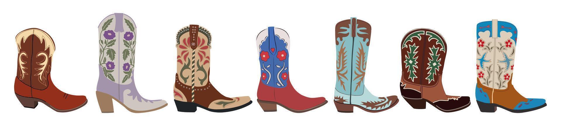 Set of different cowgirl boots isolated. vector