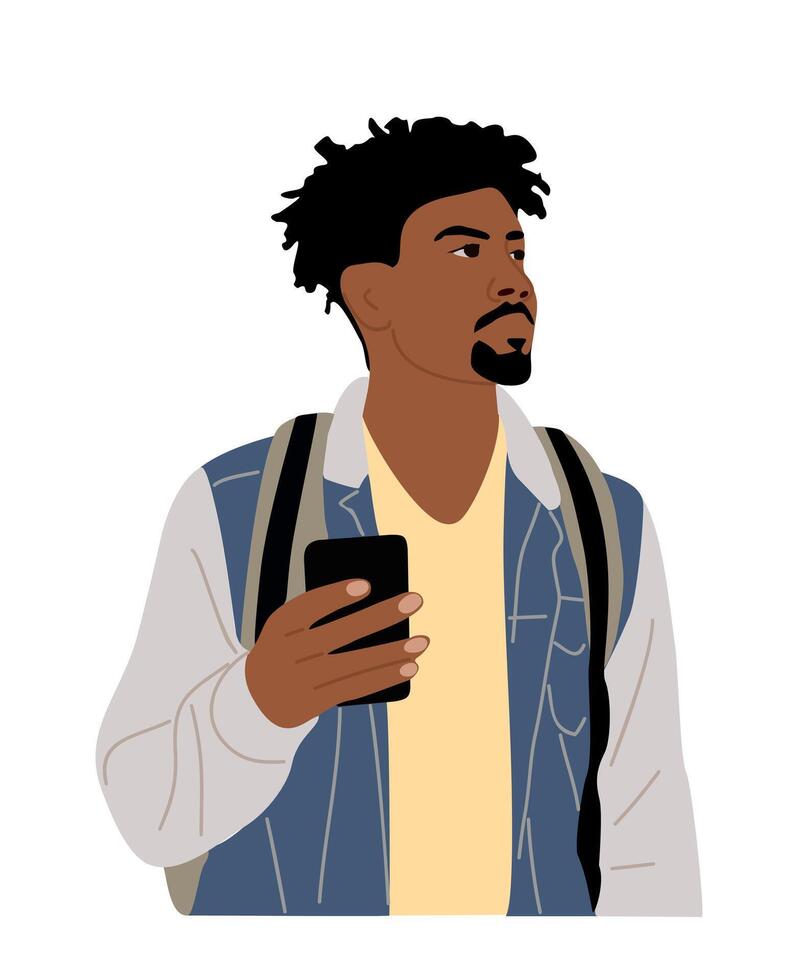 Young man holding mobile phone isolated. vector