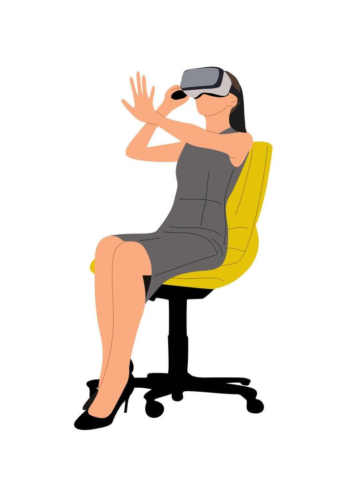 Beautiful woman sitting in virtual reality headset vector