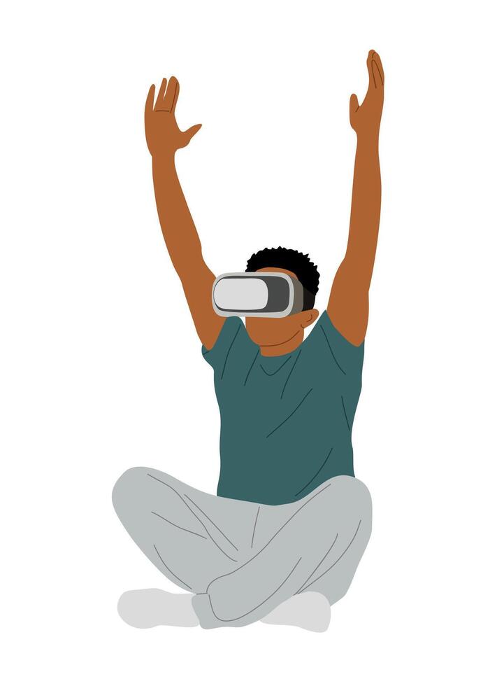 Young man sitting in virtual reality headset. vector