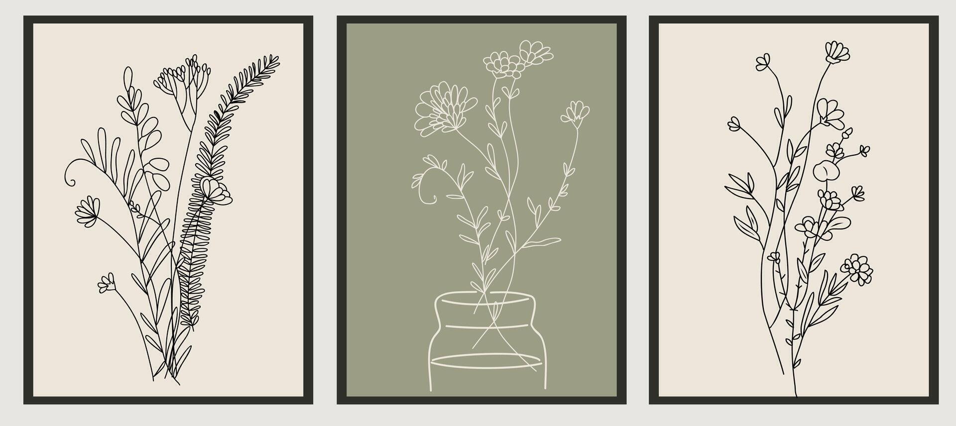 Tiny wild flower bouquets Line Drawing Print Set. vector