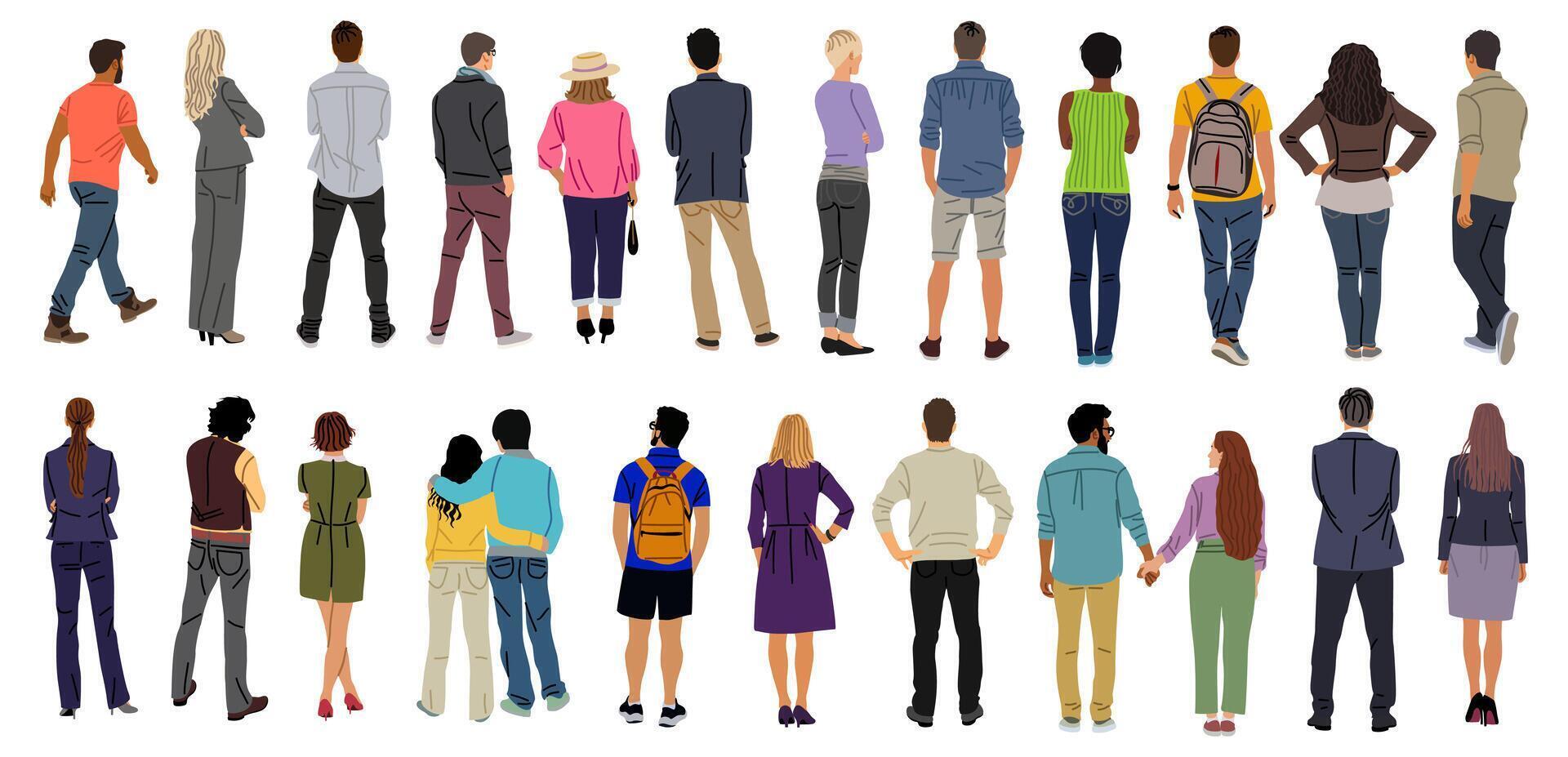 Bundle of diverse People Standing Rear View. vector