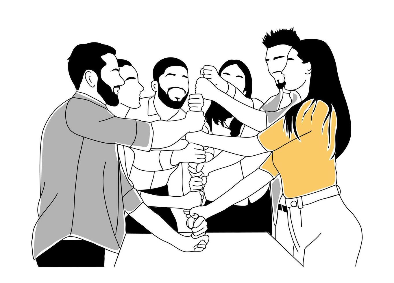 Business men, women building tower from fists. vector