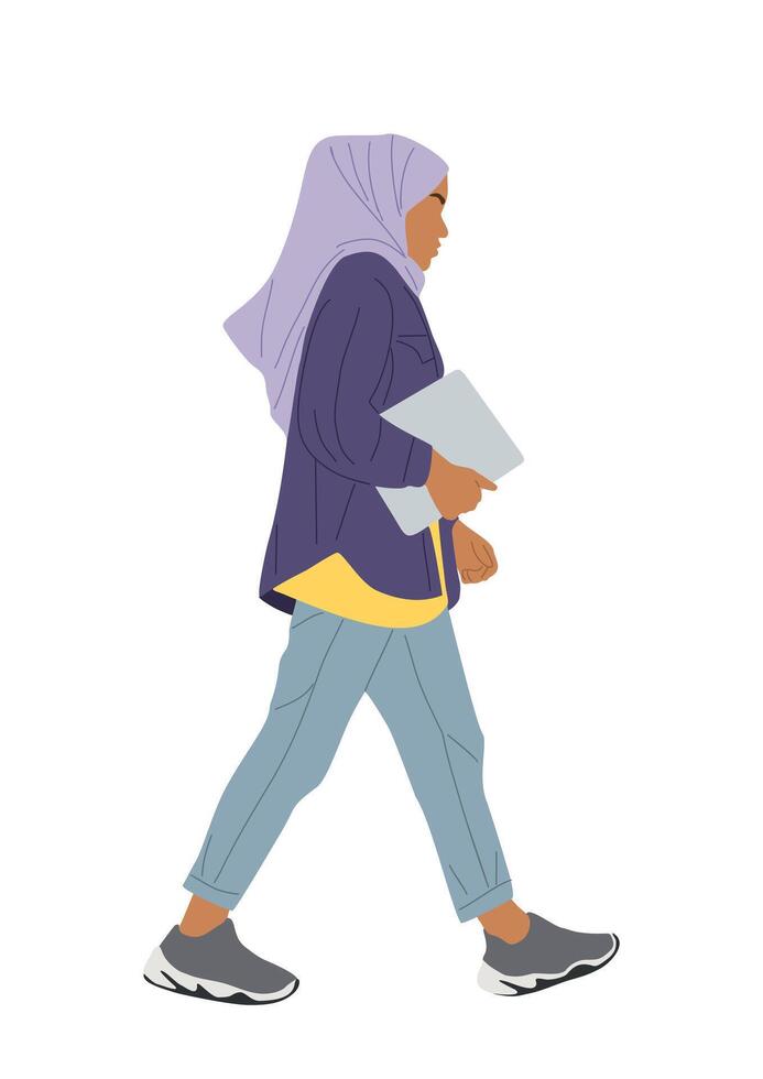 Young muslim girl walking to college, university. vector