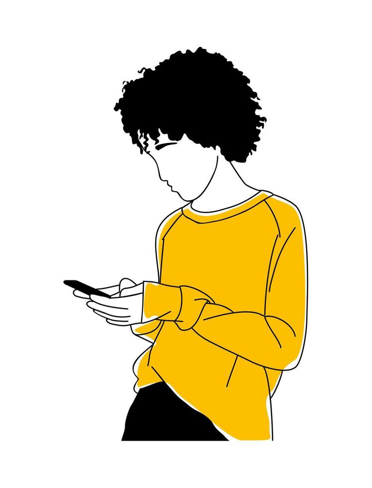 Young woman holding, using mobile phone . vector