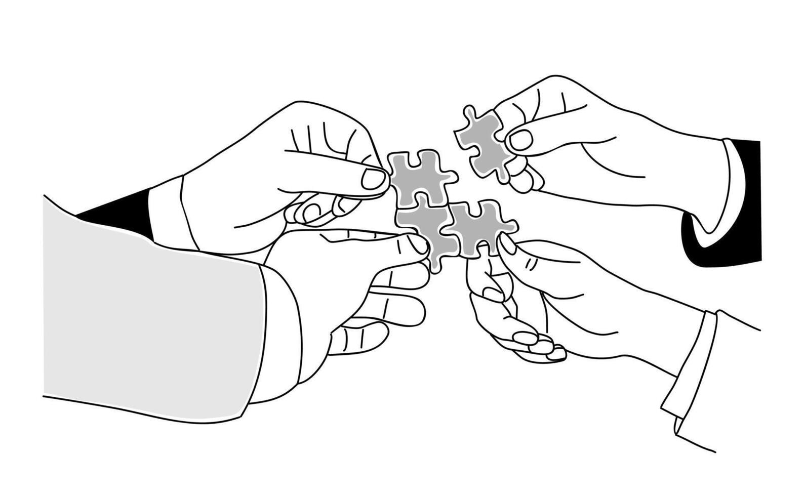 Hands of people holding, connecting puzzle pieces. vector