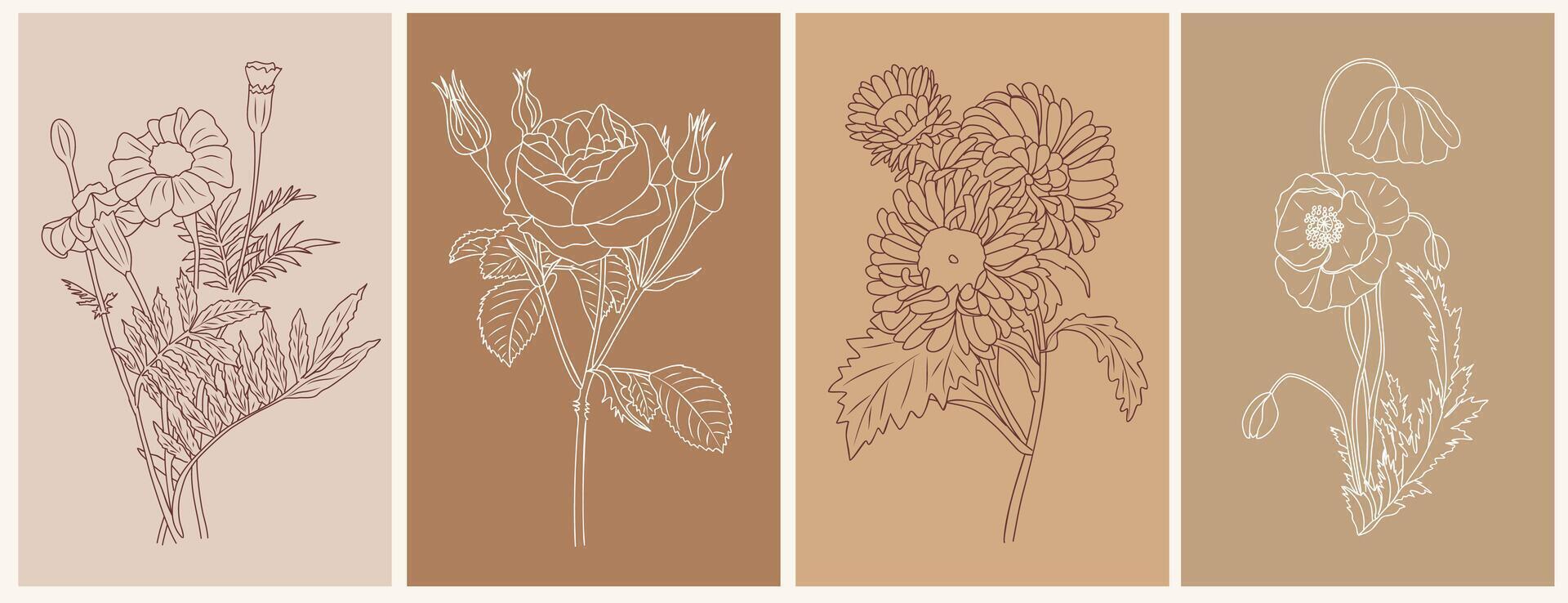 Birth month flowers Line Drawing Print Set. vector