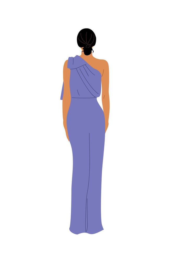 Beautiful Woman in fashion long dress rear view. vector