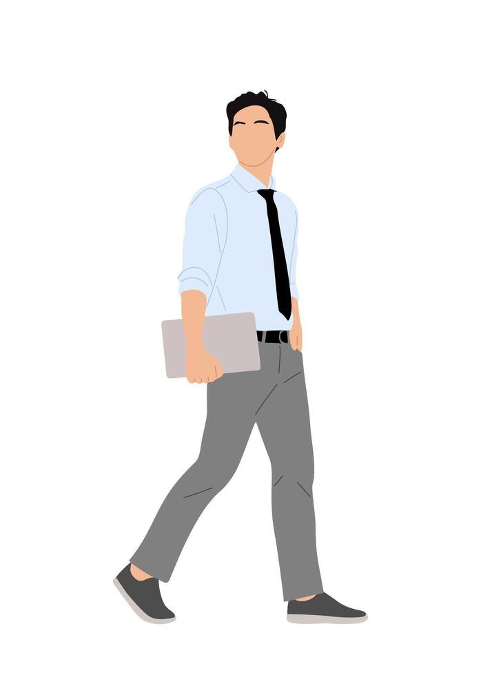 Business man character walking with laptop . vector