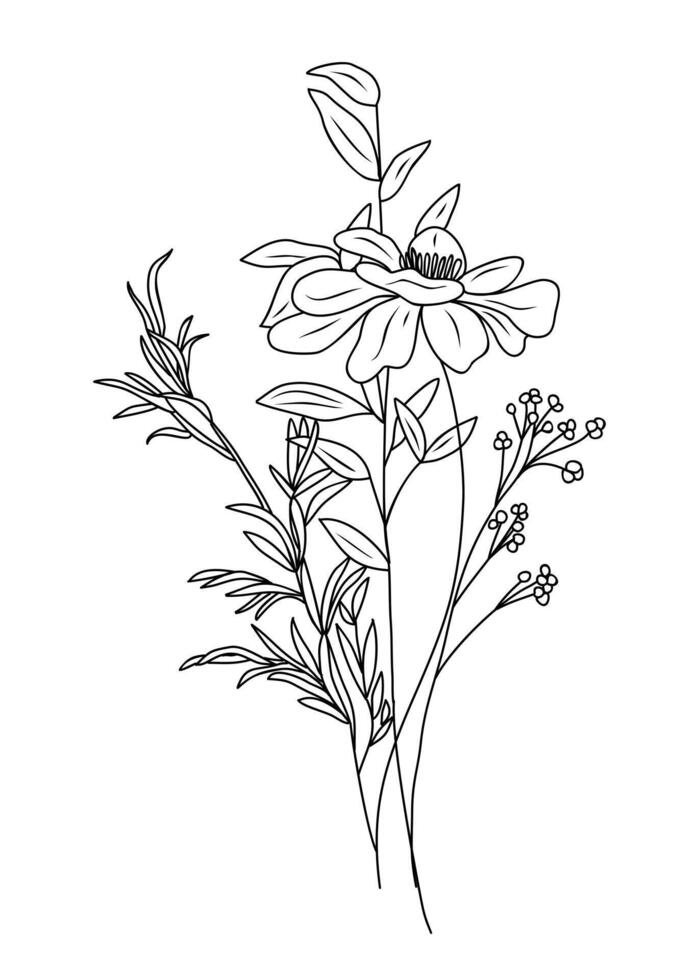 Wild flowers line art bouquet isolated. vector