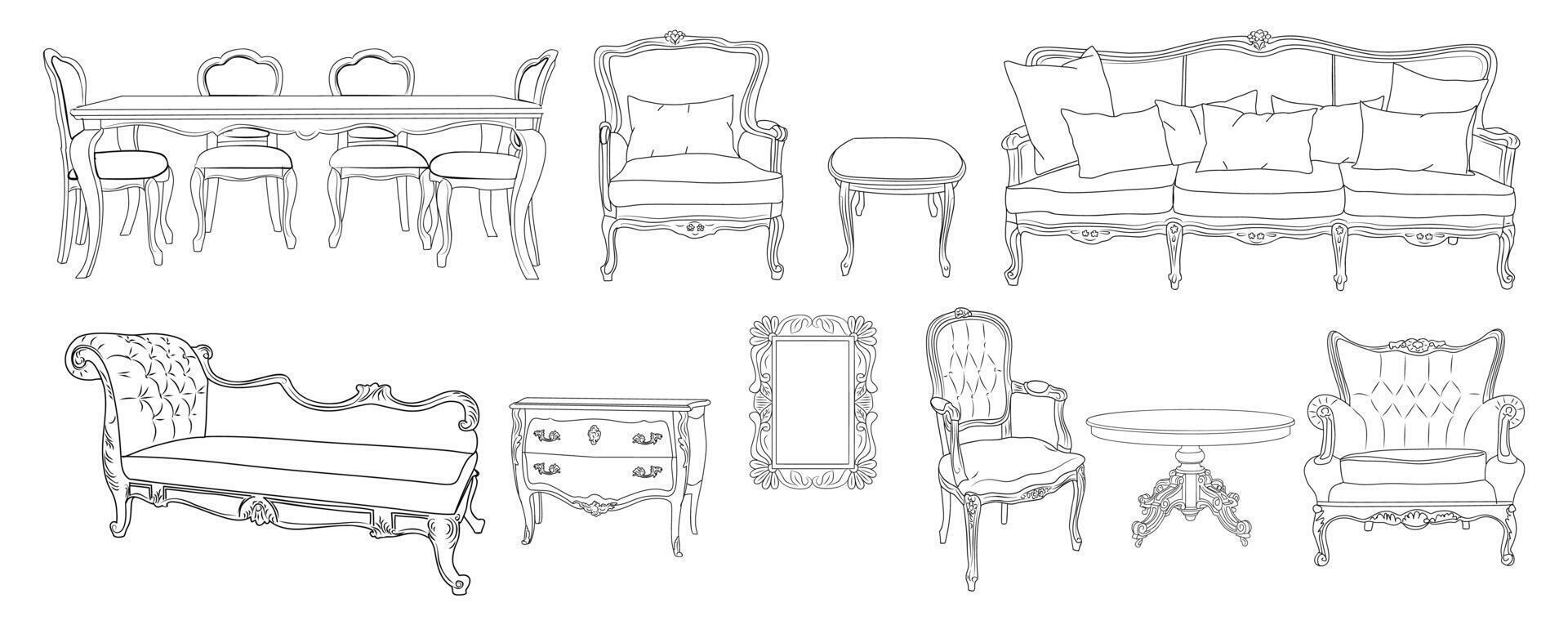 Set of elegant antique furniture line drawing. vector