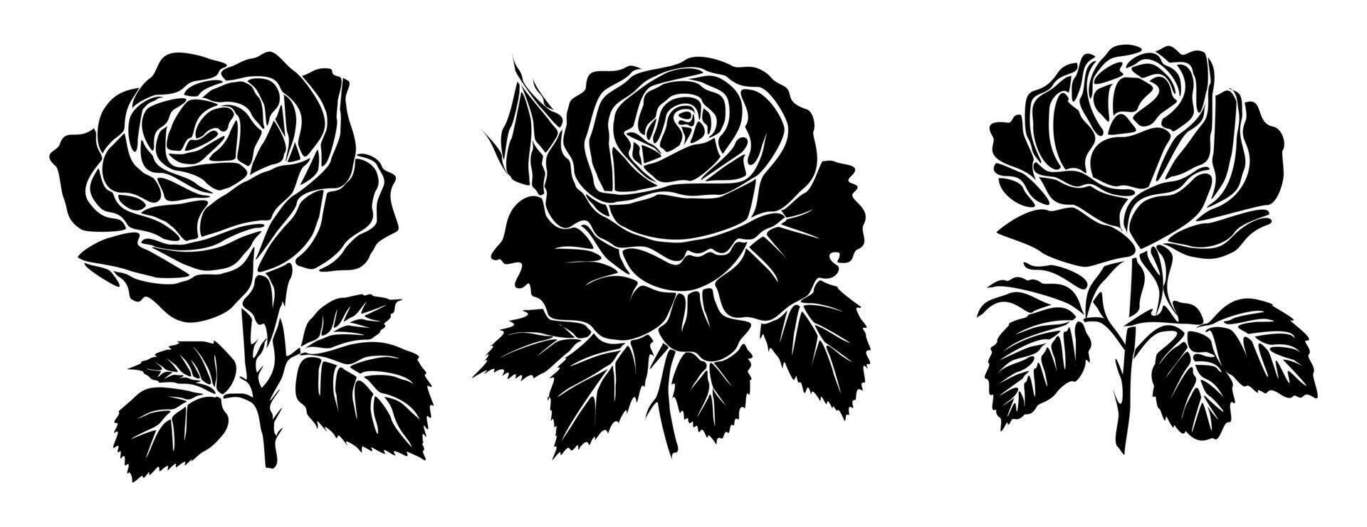 Set of black silhouettes of fresh rose . vector