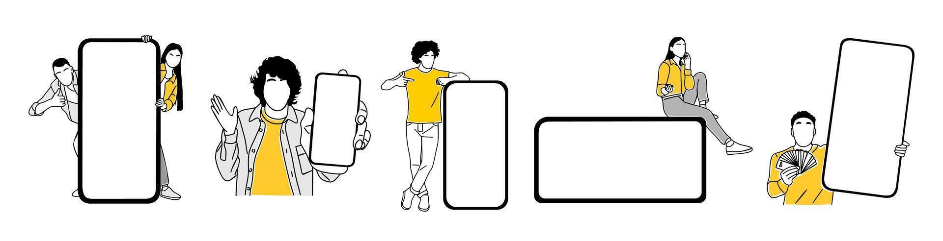 People showing smart phone mockups set. vector