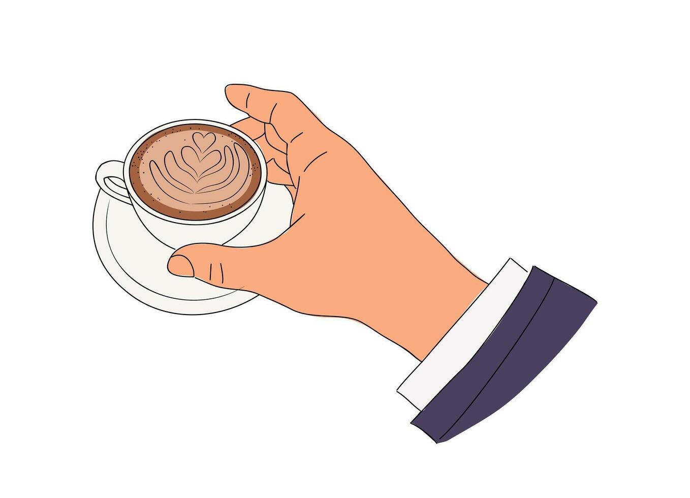 Male hand holding cup with coffee, cappuccino. vector