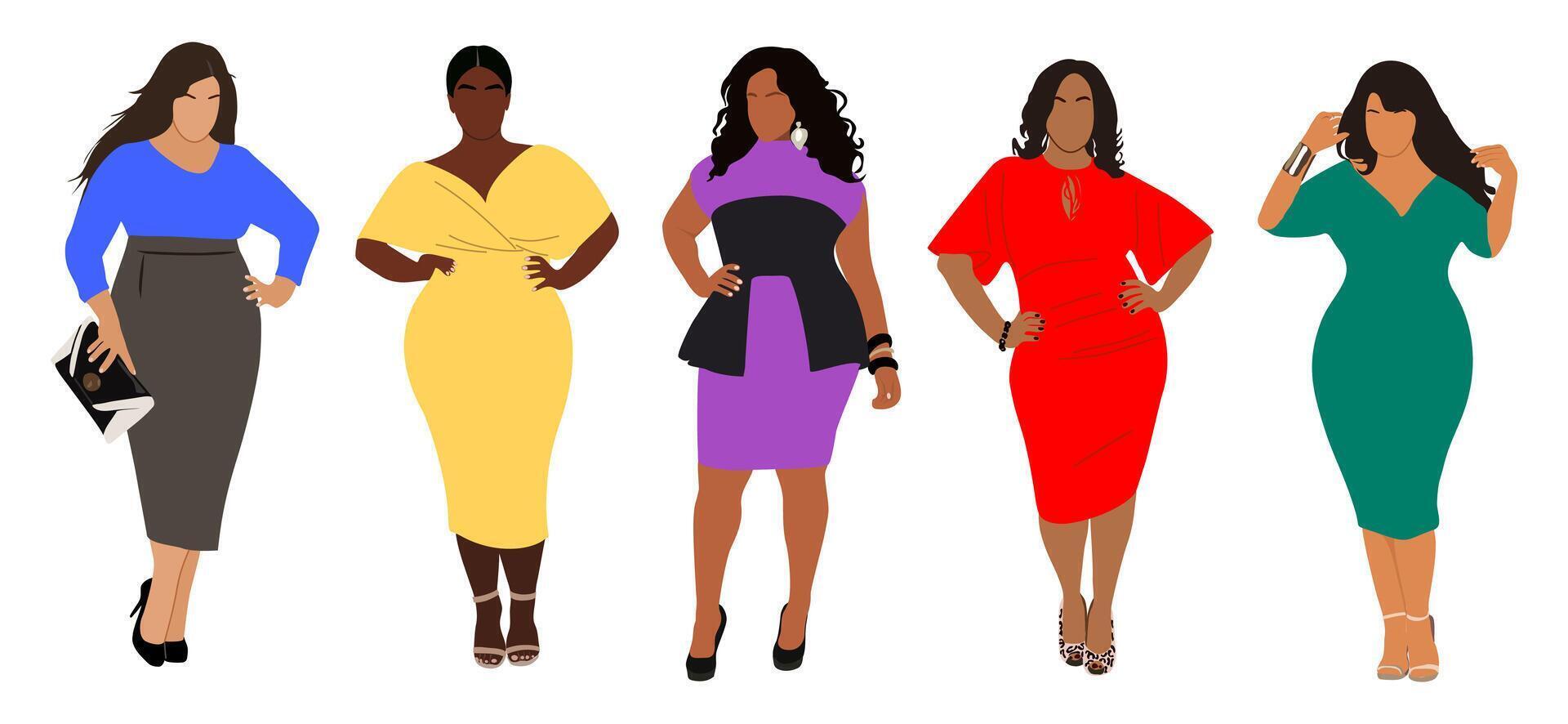 Set of multiracial curvy women in modern dress. vector