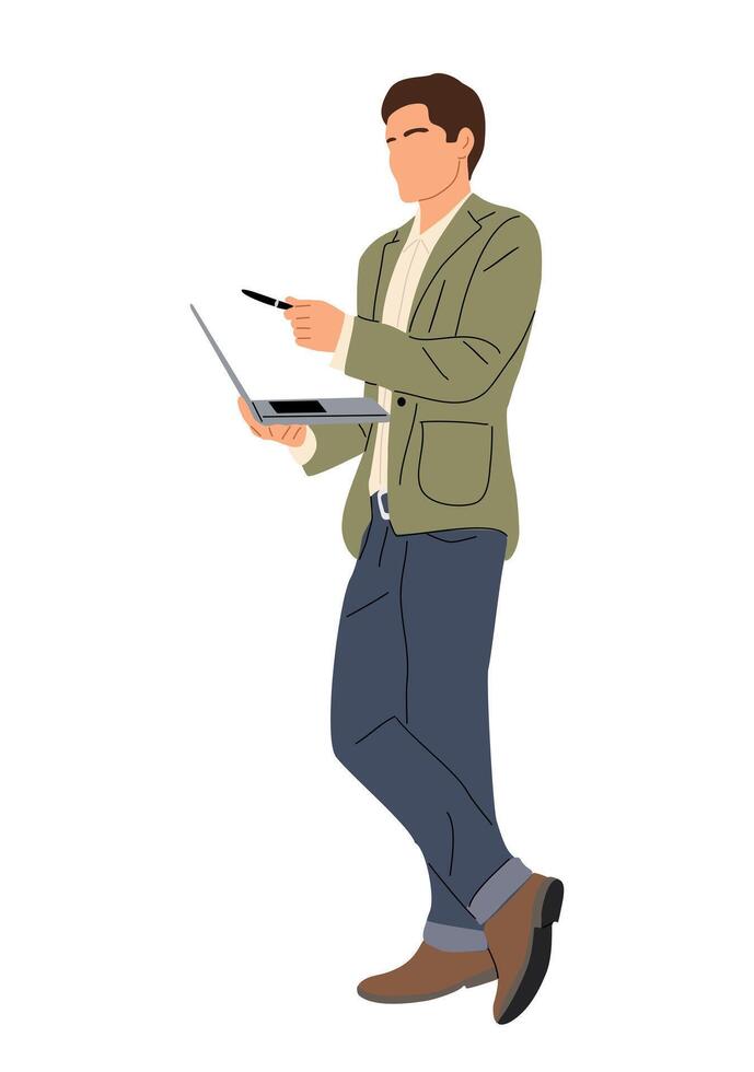 Business man standing with laptop isolated. vector