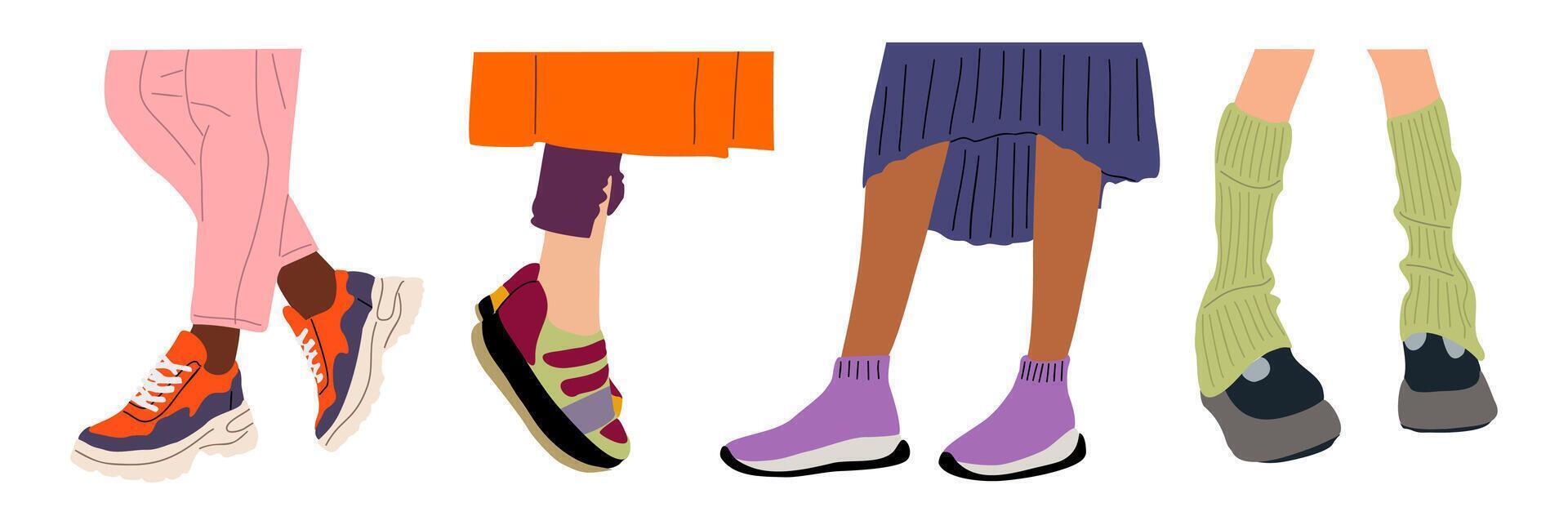 Set of different legs wearing fashionable sneakers vector