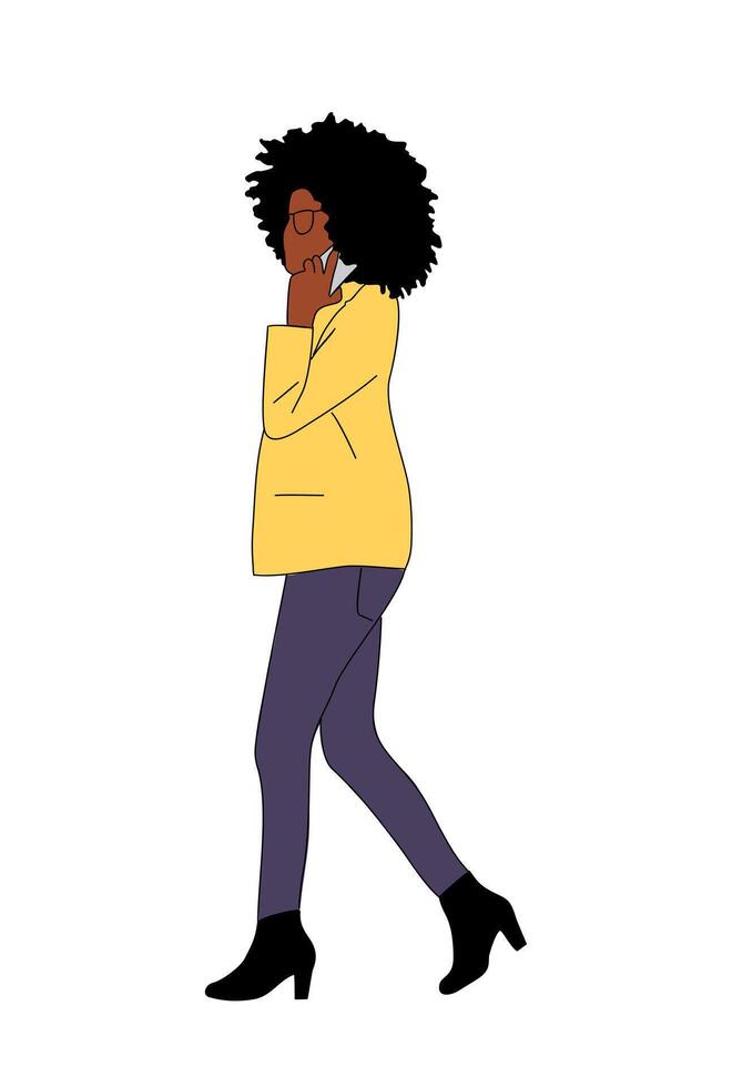 Black business woman walking side view with phone. vector