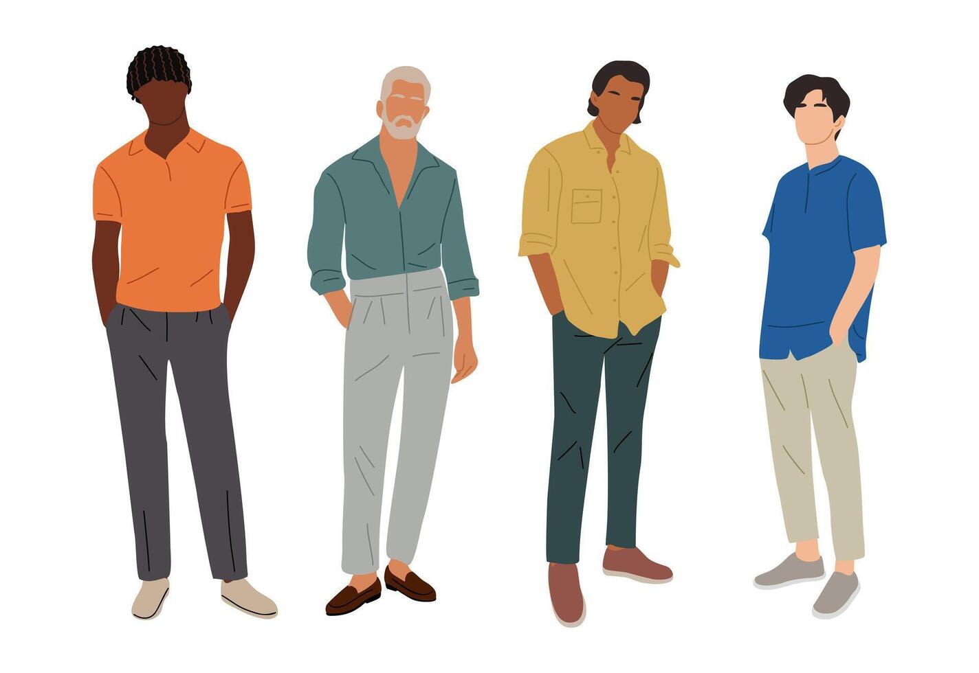 Set of multiracial men in summer casual outfits. vector