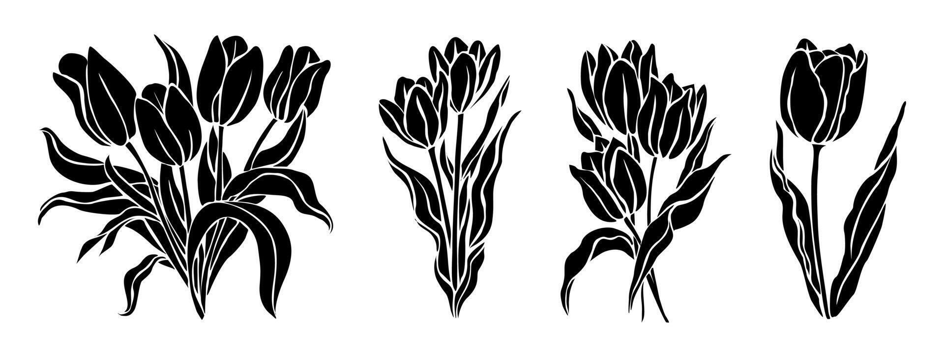Set of silhouettes of Tulips, April birth flowers. vector