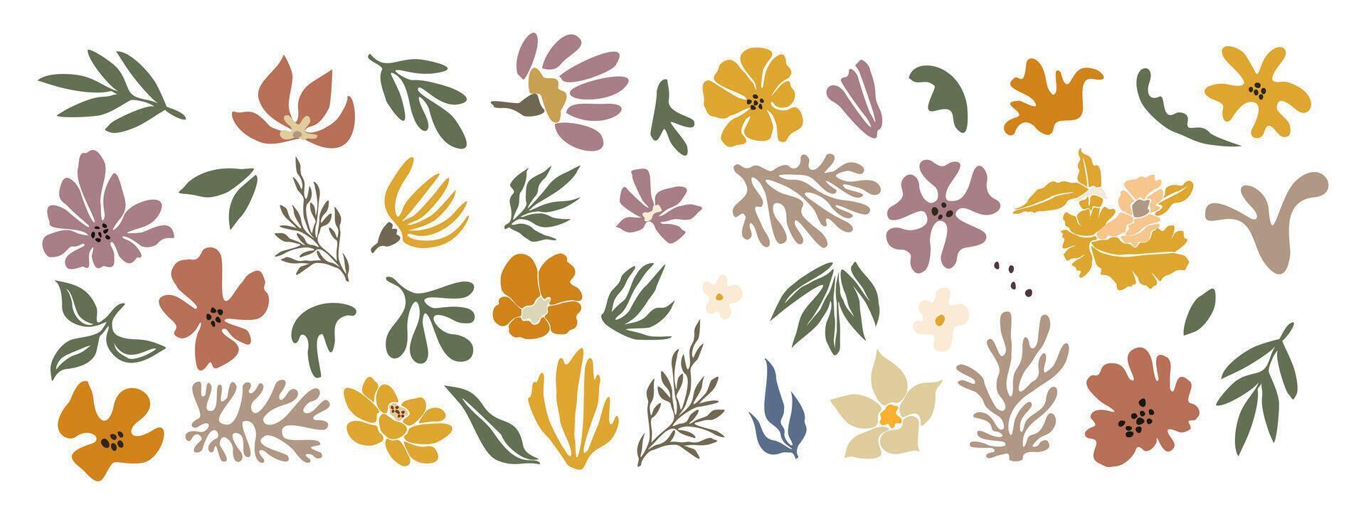 A collection of flowers and leaves in various colors and sizes. Concept of nature and beauty, with the flowers and leaves representing the diversity and vibrancy of the natural world vector