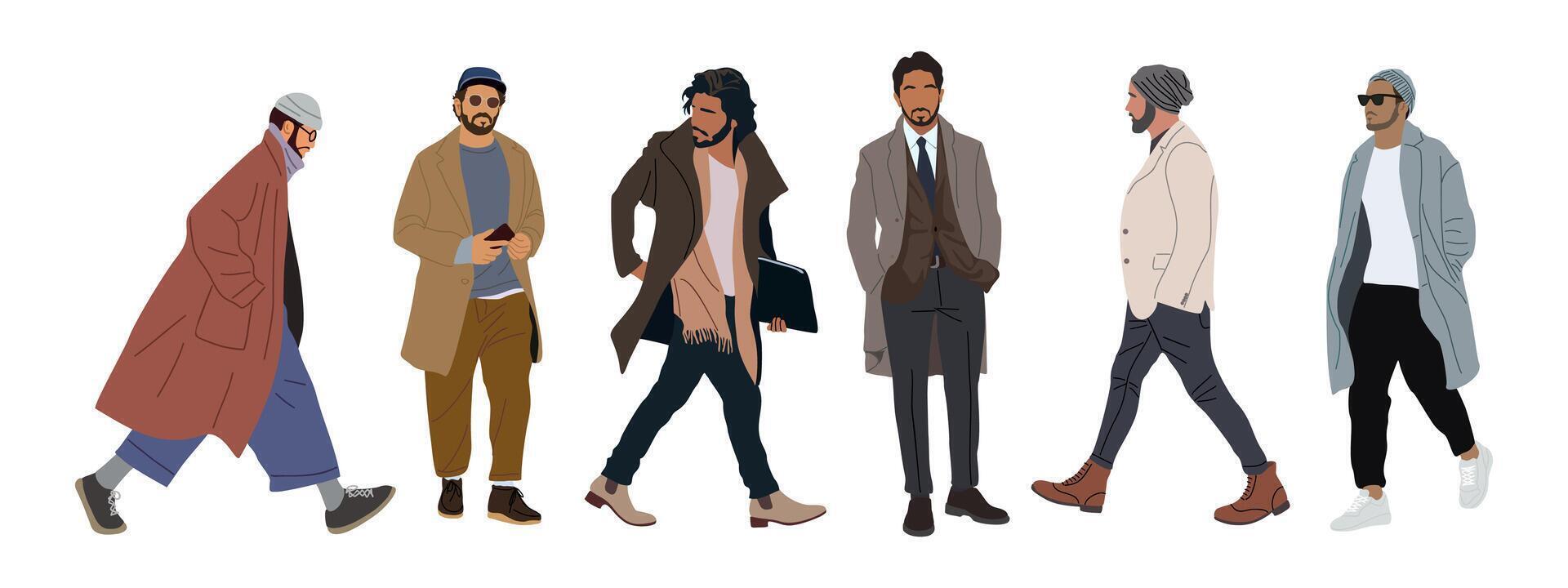Set of elegant fashion men wearing coats isolated. vector
