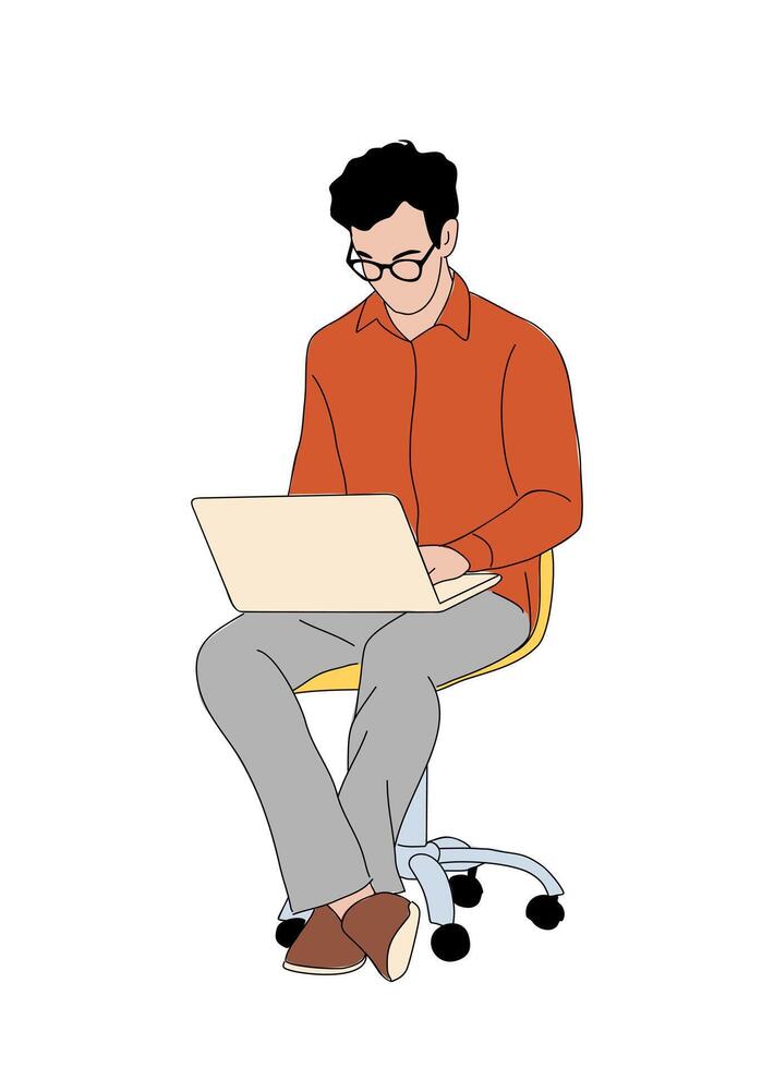 Business man sitting using laptop isolated. vector