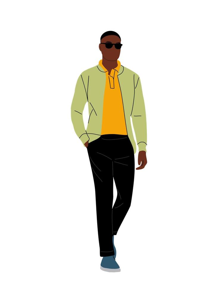 Confident Black business man walking full length. vector