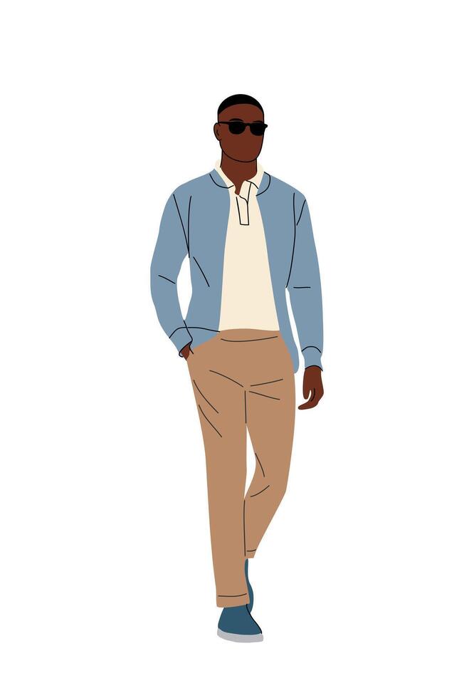 Stylish black man walking in smart casual outfit. vector