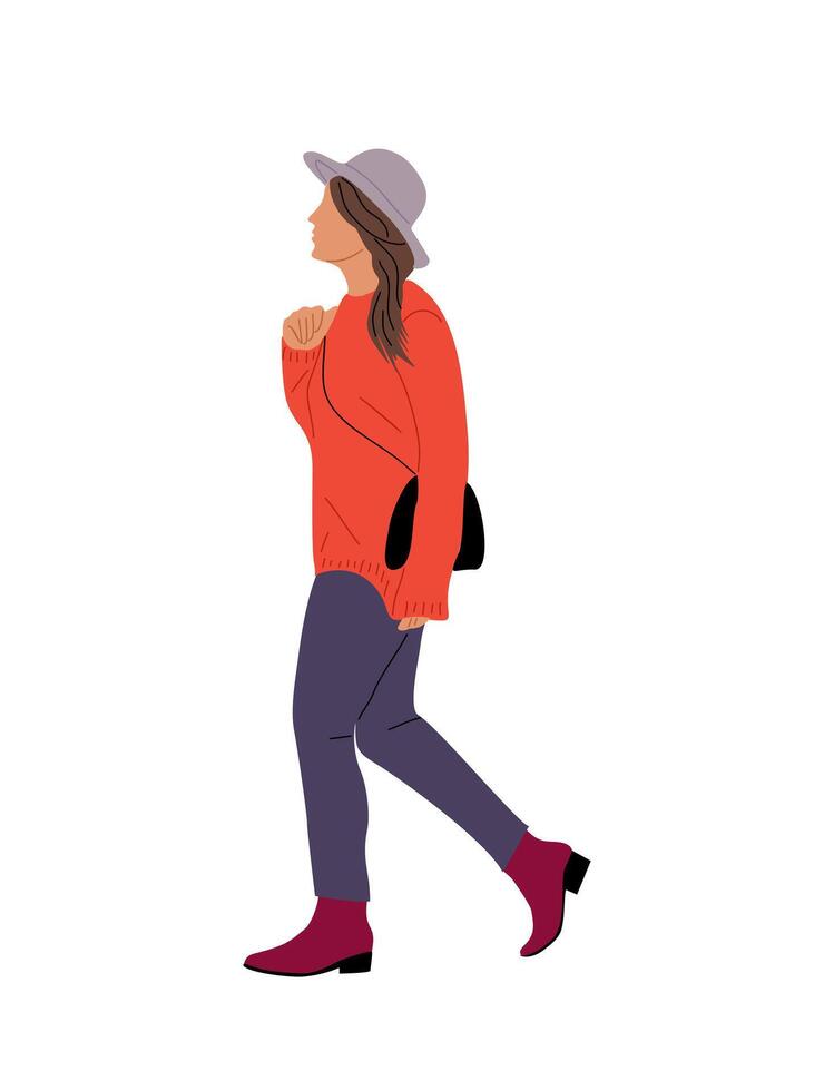 Young Woman in hat walking side view isolated. vector