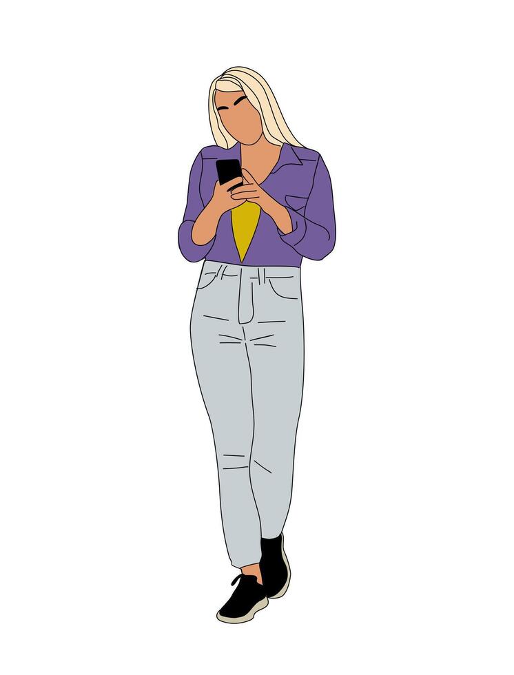 Woman holding, using mobile phone isolated. vector