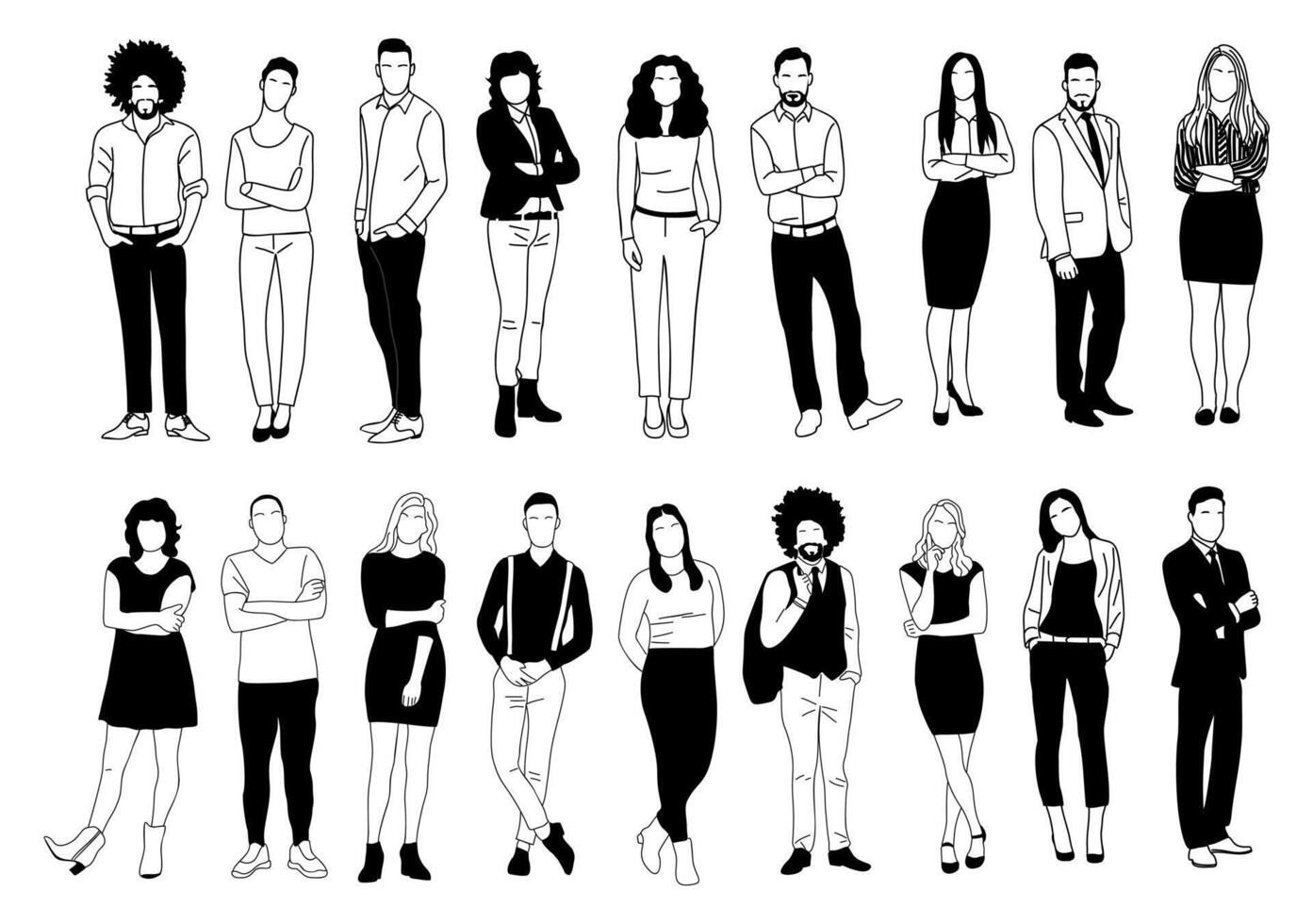 Different business people standing line art vector