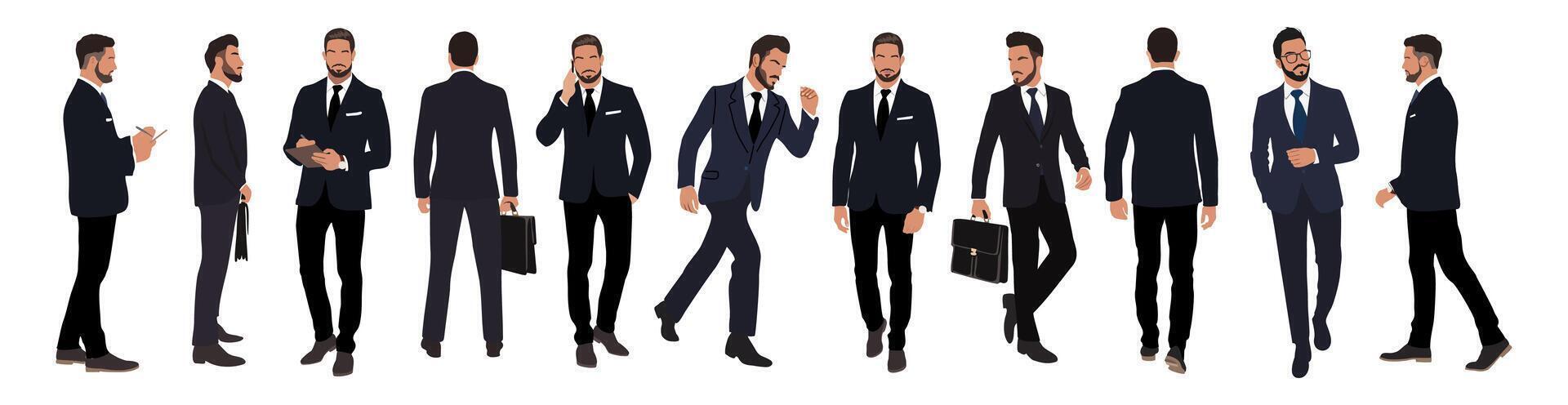 A series of men in suits and ties are shown in various poses, with one man holding a briefcase. Concept of professionalism and formality, as the men are dressed in business attire vector