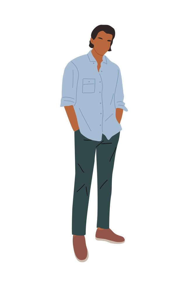 A man in a blue shirt and green pants stands with his hands on his hips. He looks confident and relaxed vector