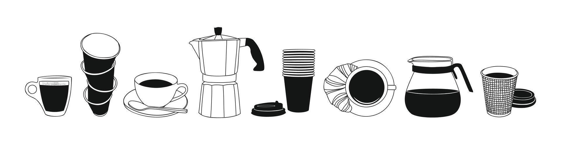 Set of different coffee elements line art drawing. vector