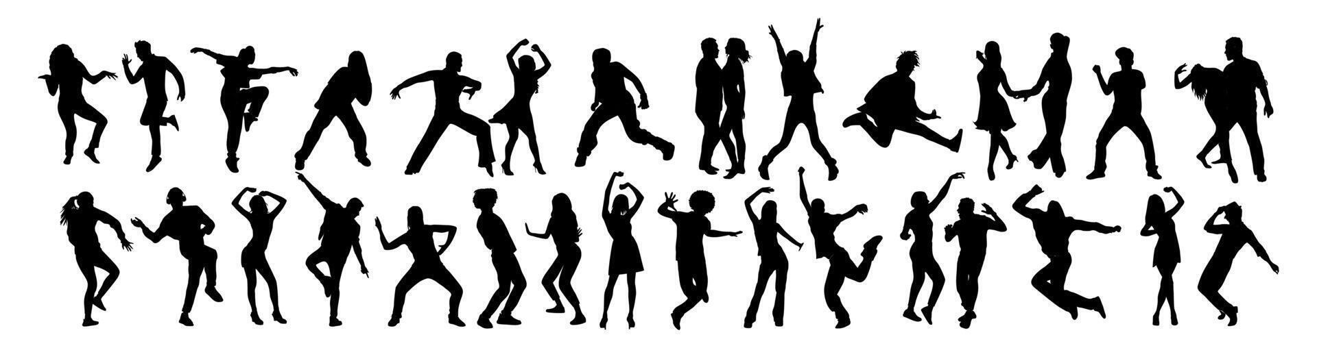 Dancing people black silhouettes on white. vector