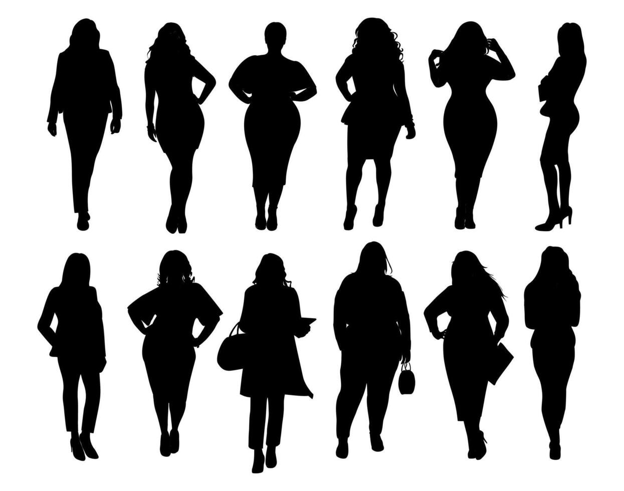 Silhouettes of different women Standing icon set. vector