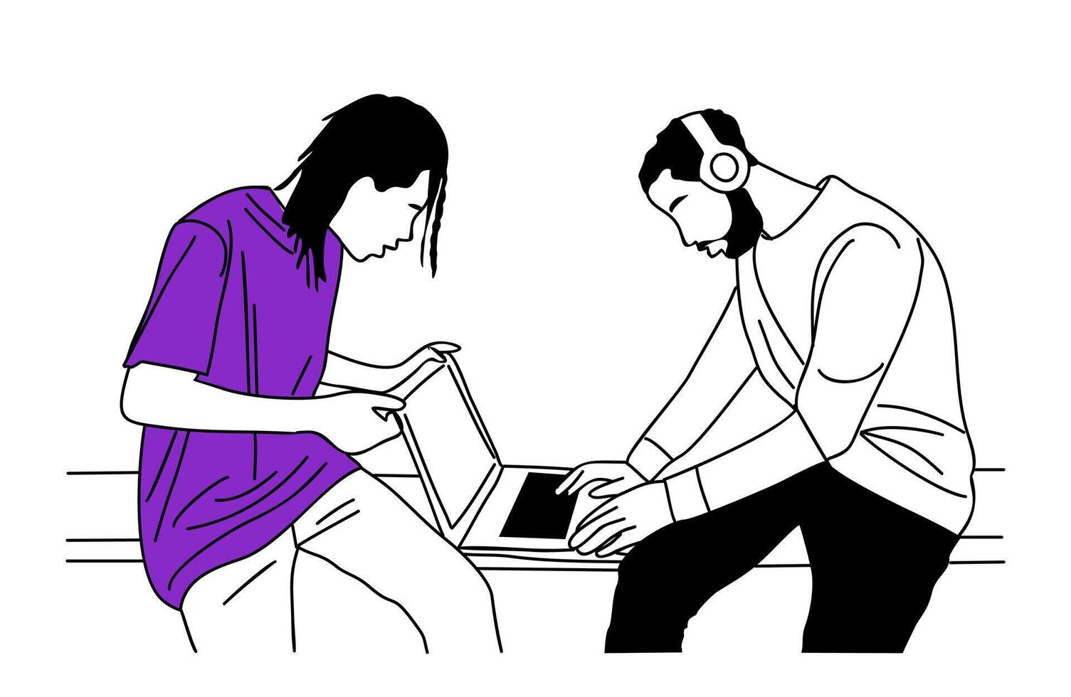 Students work on laptop, sitting together . vector