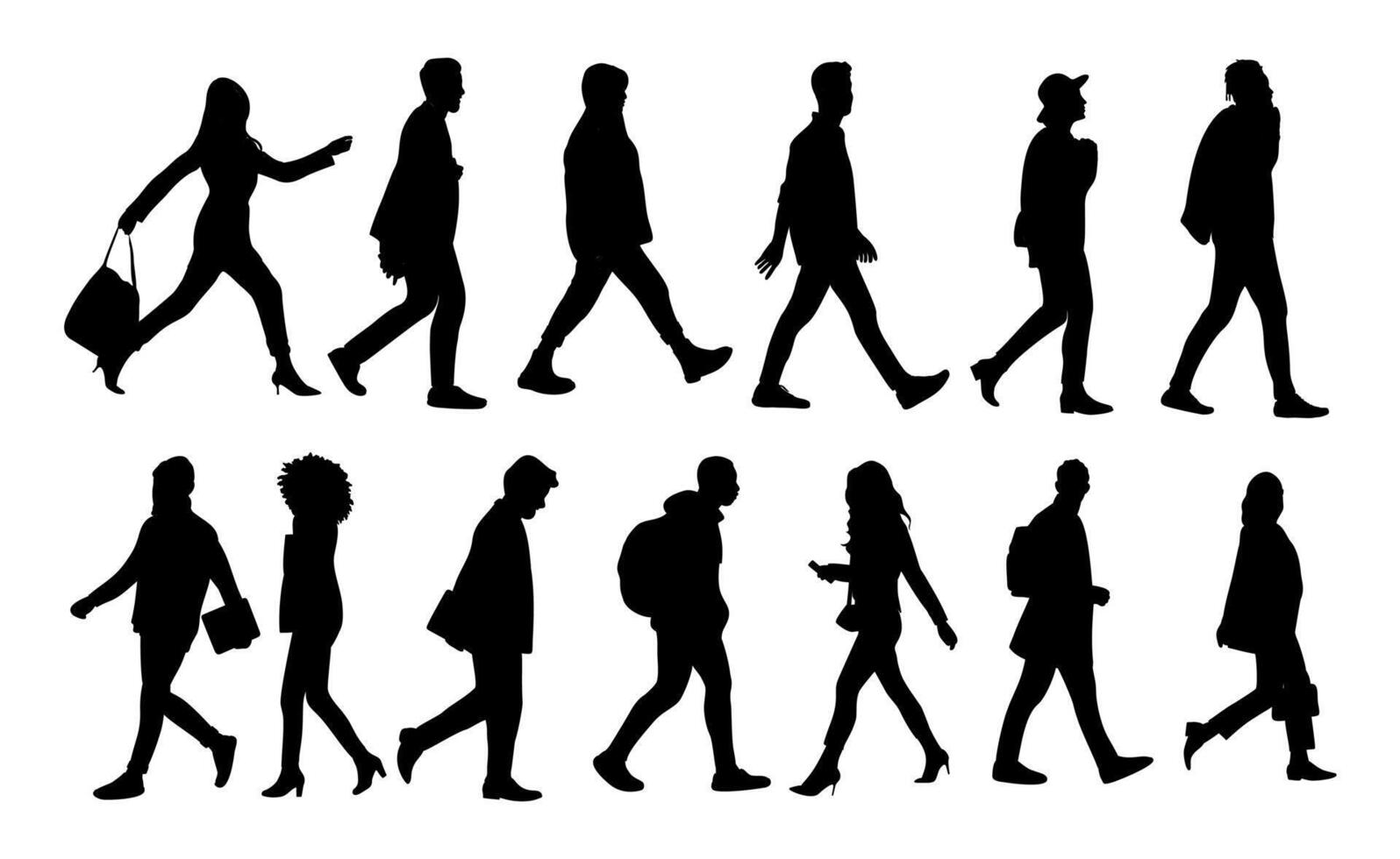 Silhouettes of Various people walking side view. vector
