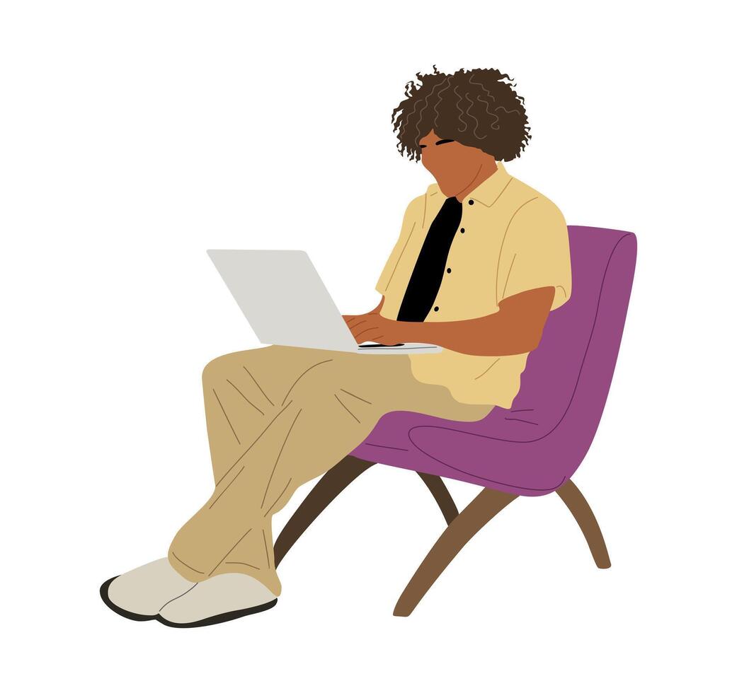 Young man sitting on chair, working at laptop. vector