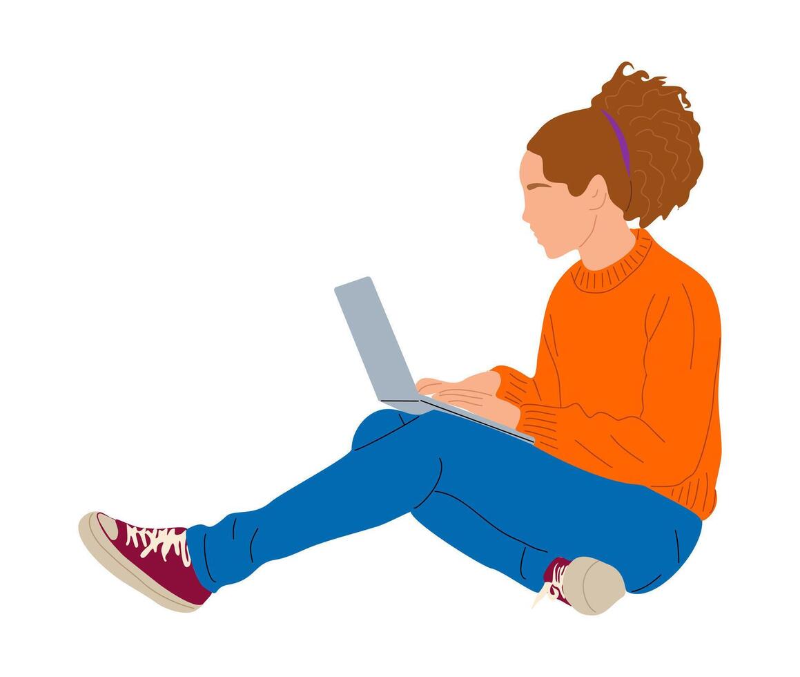 Young woman sitting on the floor with laptop. vector