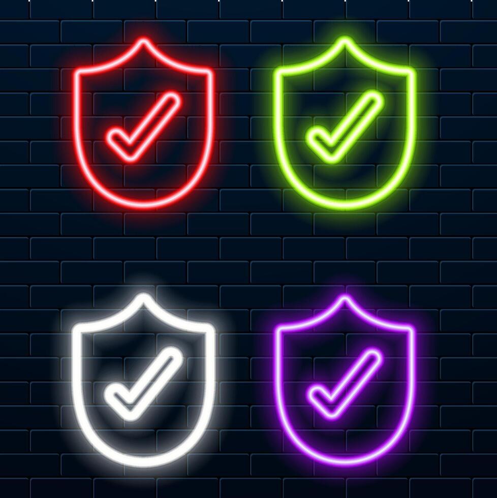 Checkmark. Glowing neon icon on brick wall background vector