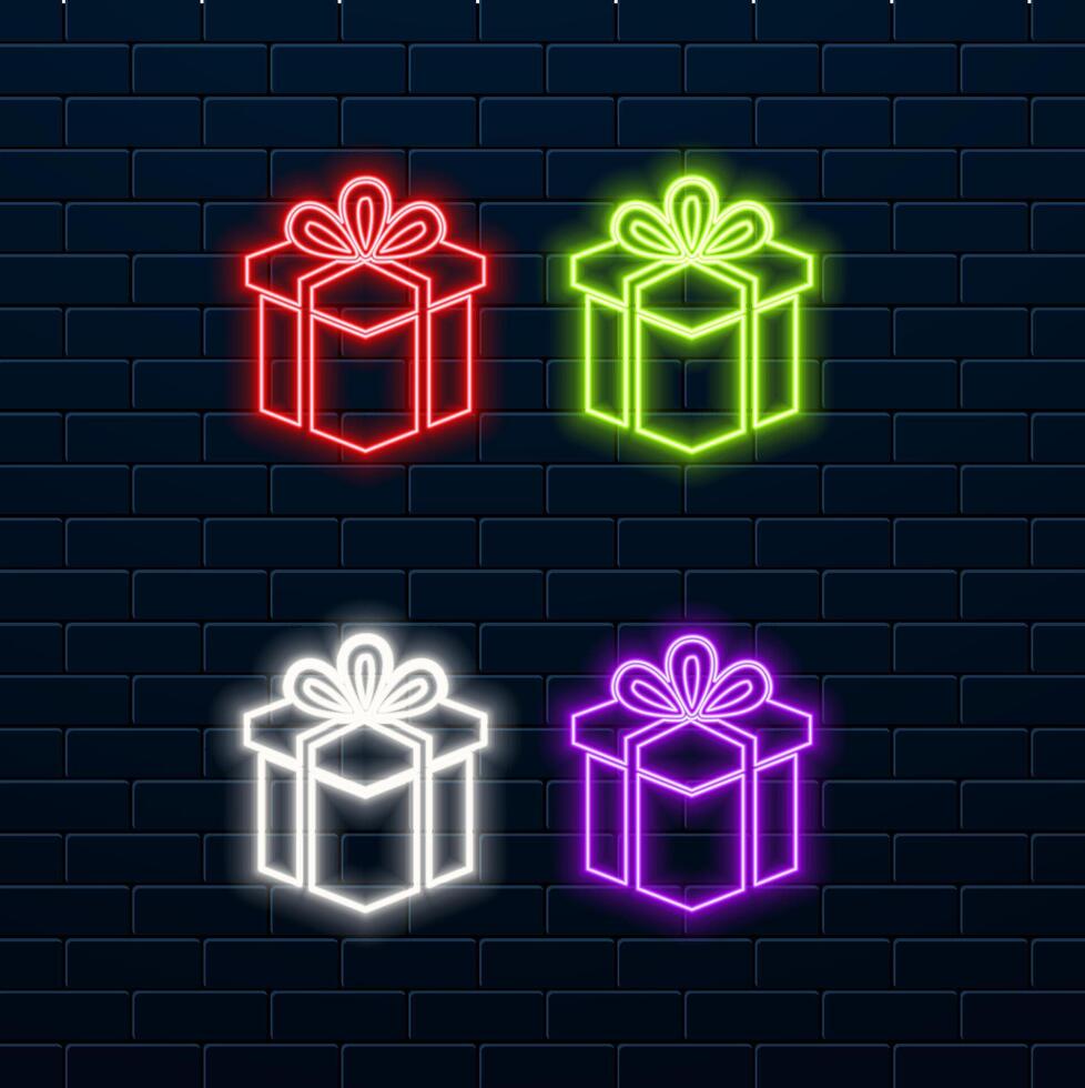 Glowing neon line Gift box icon isolated on black background. Happy birthday. illustration vector