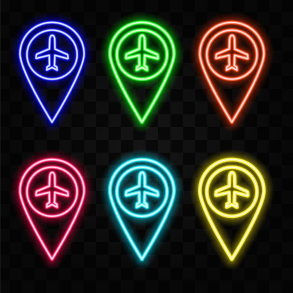 Pin icon Red neon sign on brick wall Pin maps. Location pin. Location map icon. vector