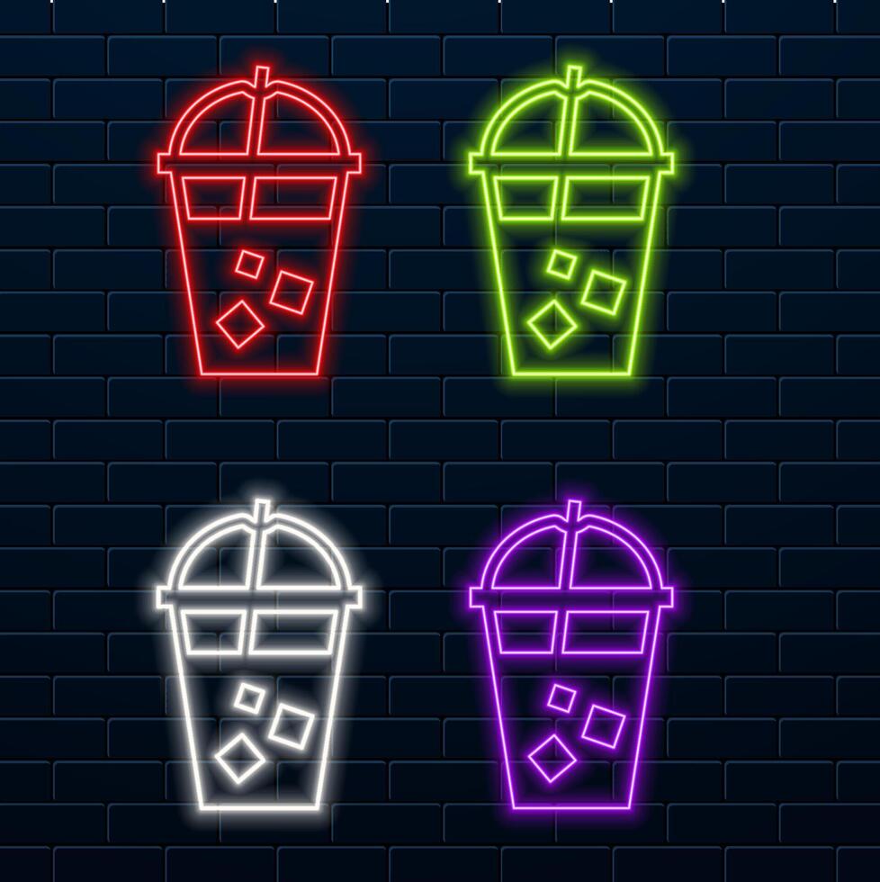 Glowing neon line Paper glass with drinking straw and water icon isolated on black background. Soda drinks cup. Symbol of cool and cold drink. vector