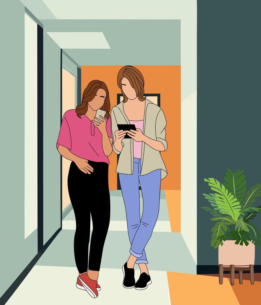 Two girls standing in modern office corridor. vector